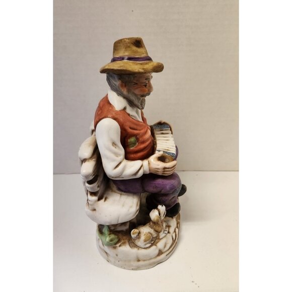 Figurine Ceramic Old Man Playing Accordion On Bench Dog Vintage - Picture 3 of 7